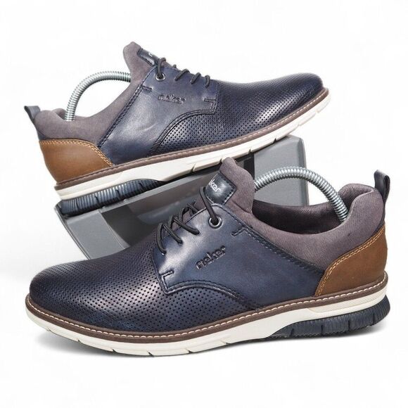 Rieker Dustin Leather Slip-on Casual Oxfords "Navy / Brown" Men's 8-8.5/41 - Picture 1 of 11